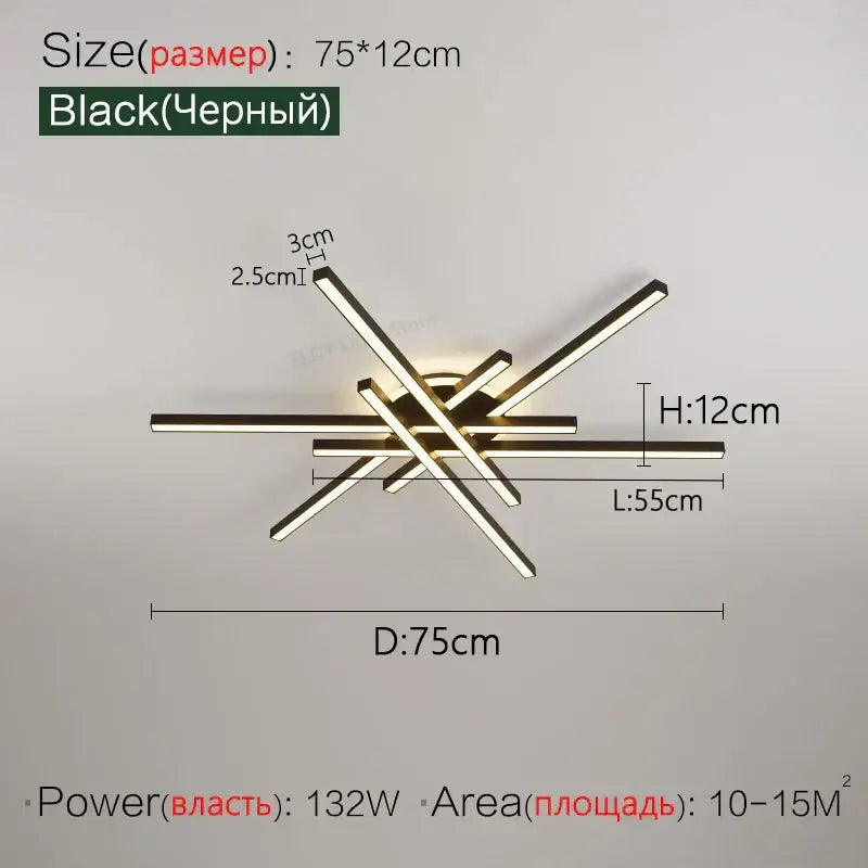 Modern black nordic led ceiling chandelier with intersecting rectangular bars and circular base for living room decorbites nordic led