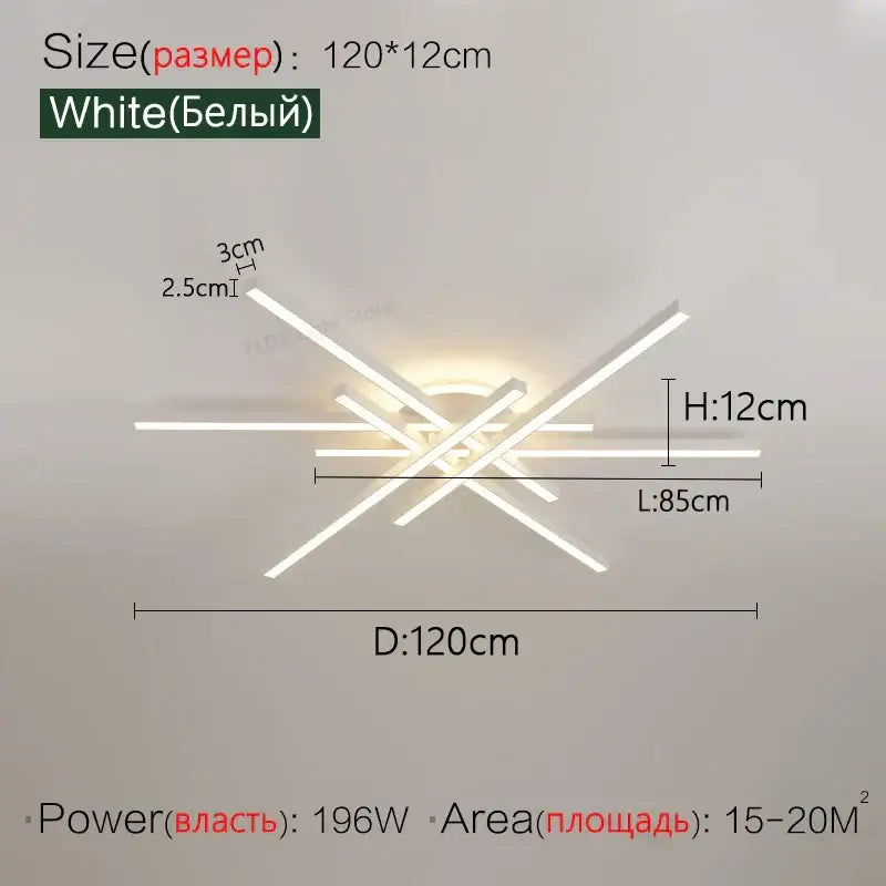 Modern black nordic led ceiling chandelier with white intersecting rectangular bars and central diffuser for living room decorbites nordic led