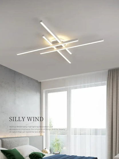 Modern black nordic led ceiling chandelier with white led intersecting linear bars and central circular fixture decorbites nordic led
