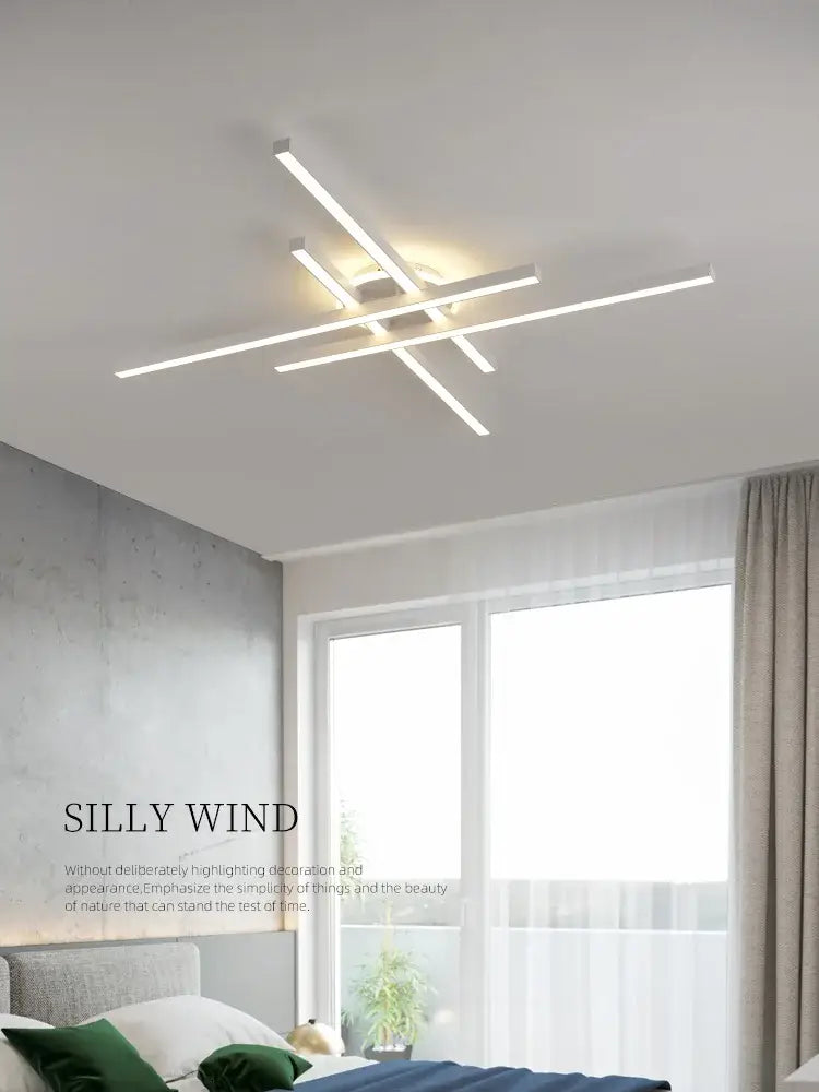 Modern black nordic led ceiling chandelier with white led intersecting linear bars and central circular fixture decorbites nordic led