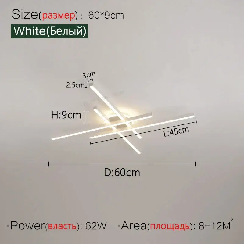 Modern black nordic led ceiling chandelier with white intersecting slim bars and central illuminated panel by decorbites nordic led