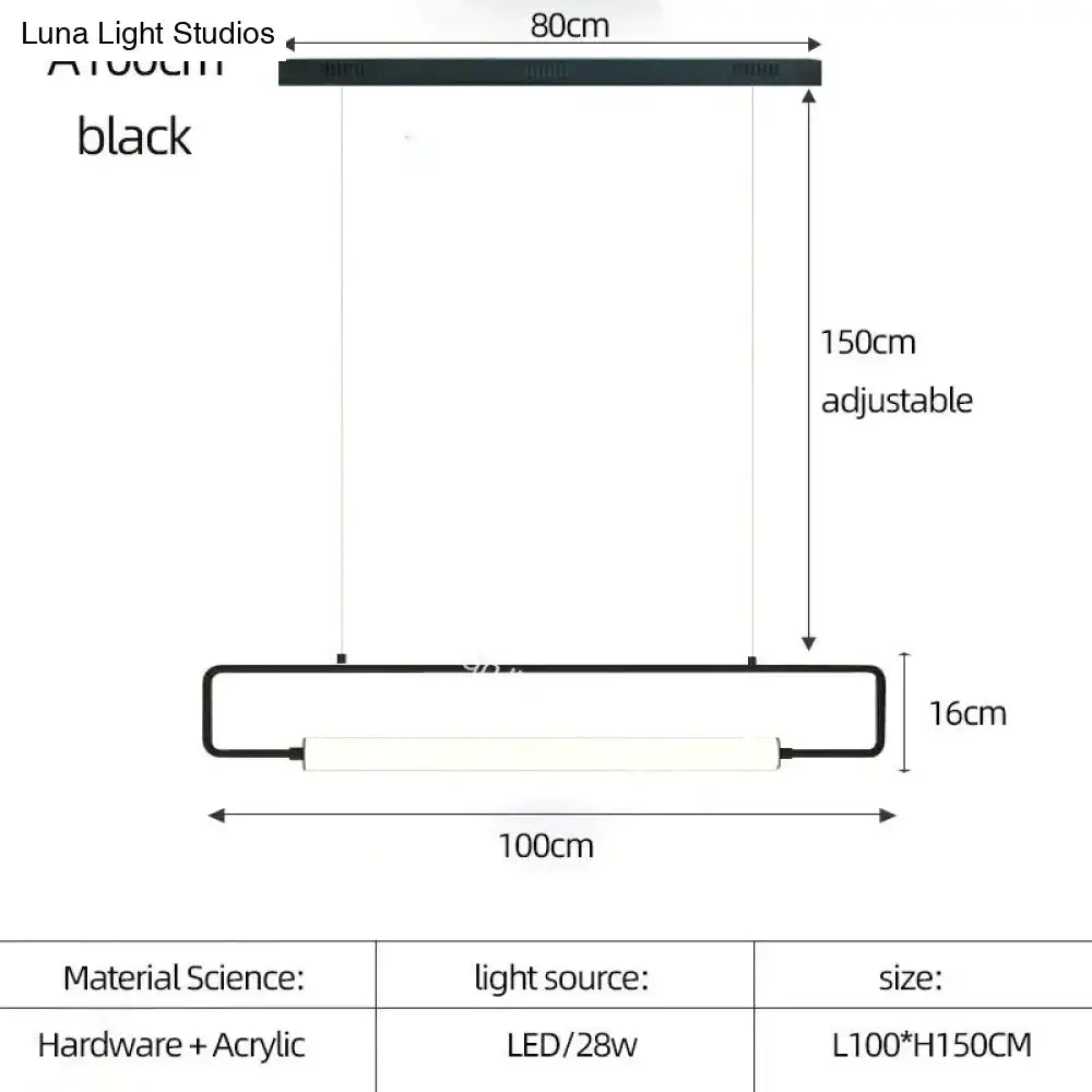 Black rectangular led pendant light with sleek acrylic and hardware design, 100cm by 16cm, nordic minimalist bar hanging