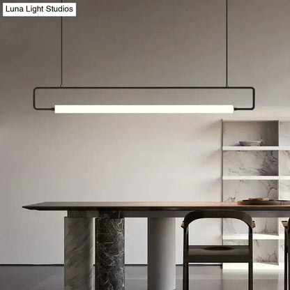 Modern black metal pendant light with sleek rectangular frame and white led strip for nordic minimalist bar hanging use