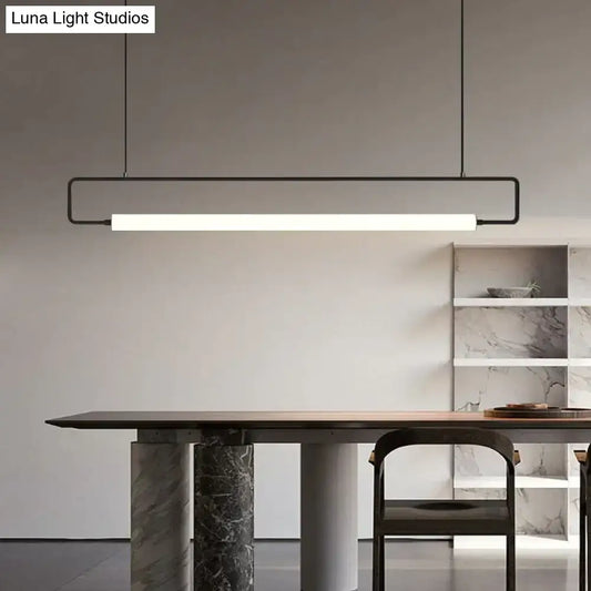 Modern black metal pendant light with sleek rectangular frame and white led strip for nordic minimalist bar hanging use