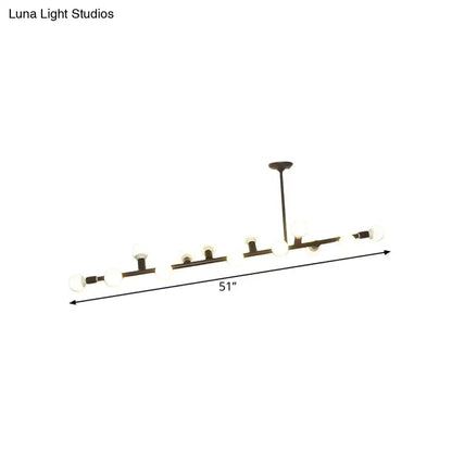 A modern 51-inch long linear chandelier with dark bronze black finish and frosted glass open bulb island lights