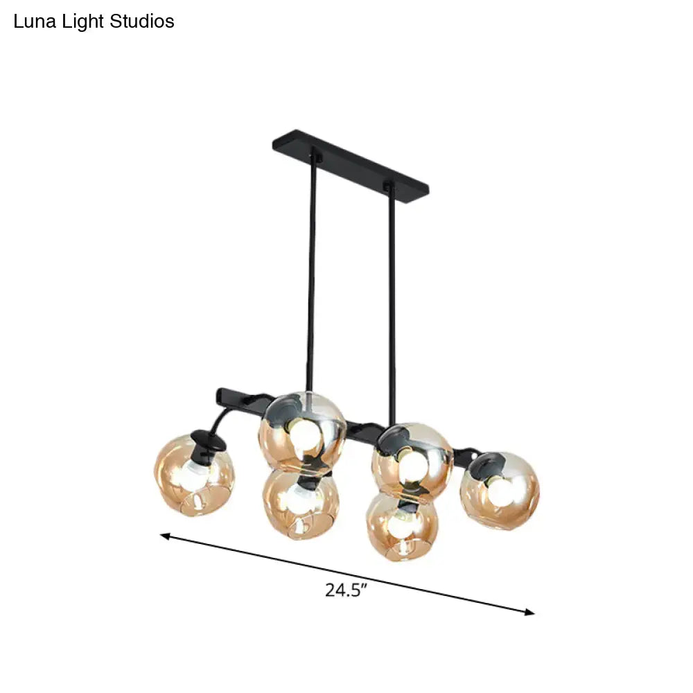 DecorBites™ modern black metal chandelier with five amber-tinted glass globe orb shade for kitchen and dining room