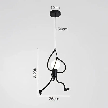 Modern black metal pendant light with black finish and integrated led bulbs shaped like a stick figure for dining room