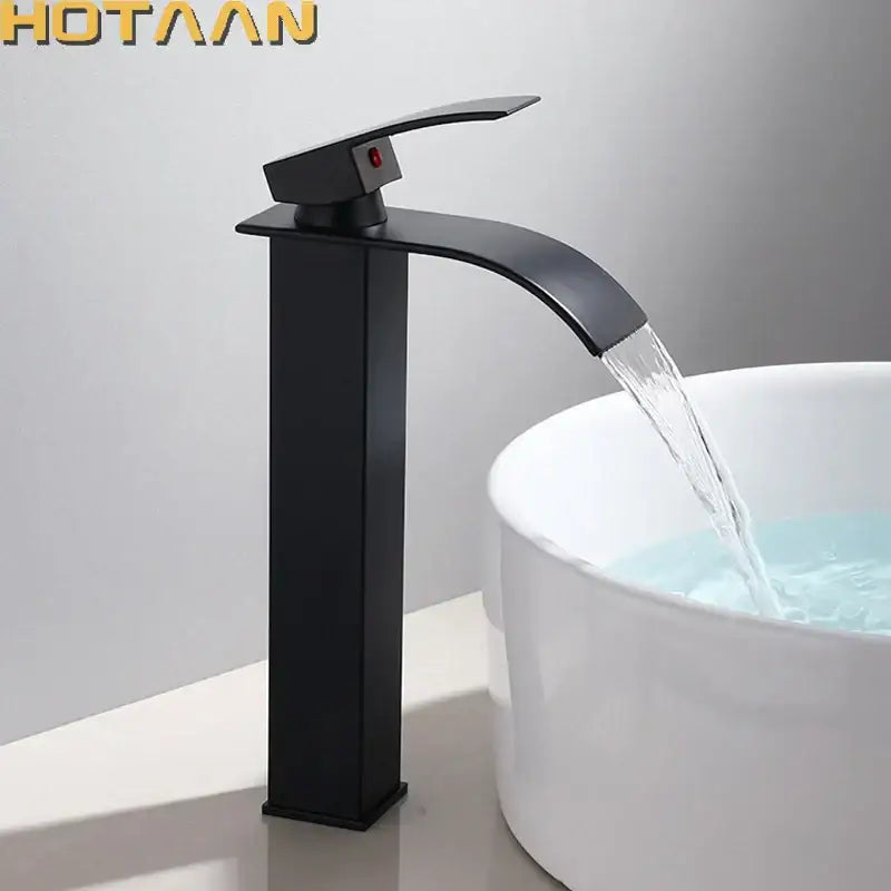 Modern black plated brass waterfall basin tap with black matte finish and sleek bathroom mixer design