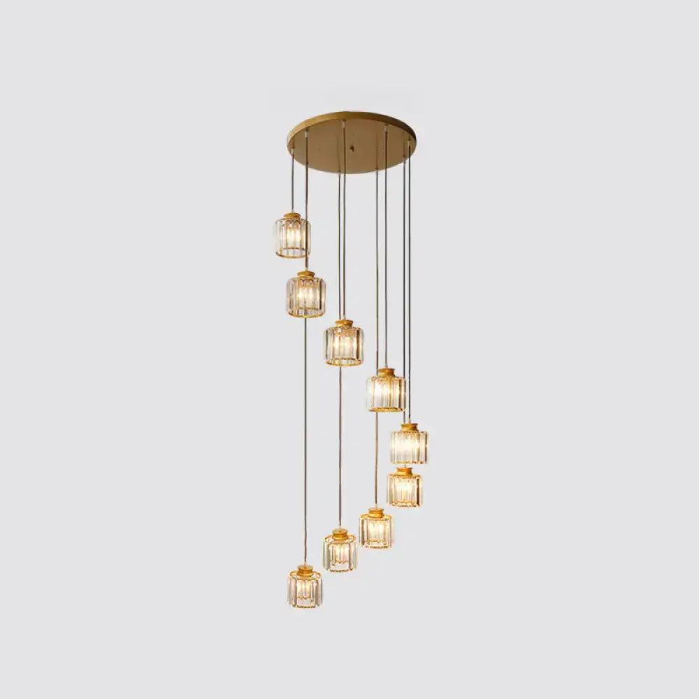 Decorbites modern prismatic crystal cylindrical pendant ceiling light with gold-toned seven glass pendants for stairway