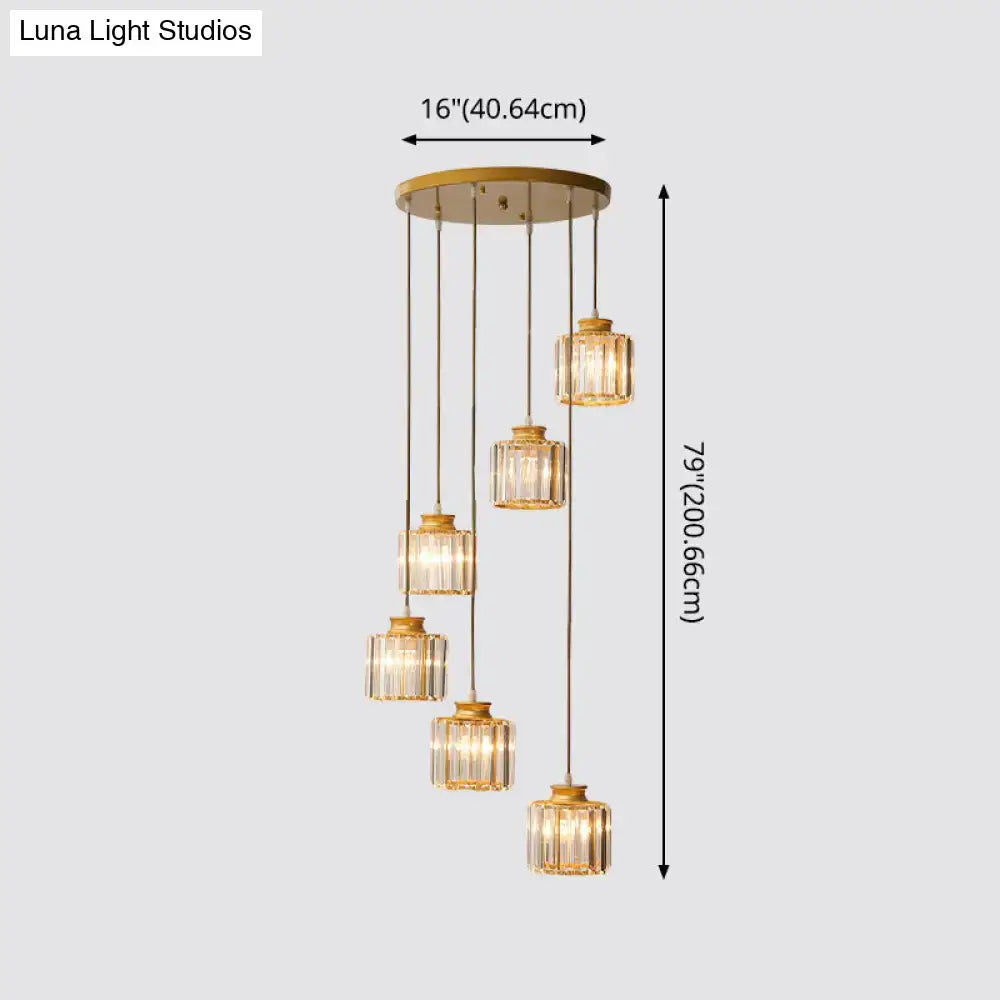 DecorBites™ modern prismatic crystal cylindrical pendant ceiling light with five gold-toned brass ribbed glass fixtures