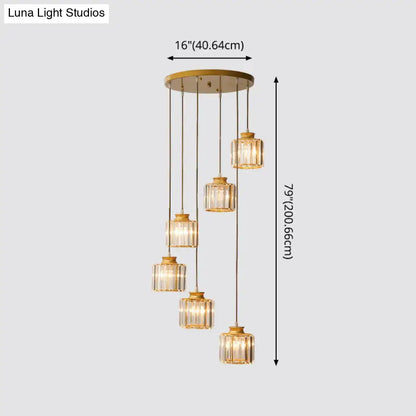 DecorBites™ modern prismatic crystal cylindrical pendant ceiling light with five gold-toned brass ribbed glass fixtures