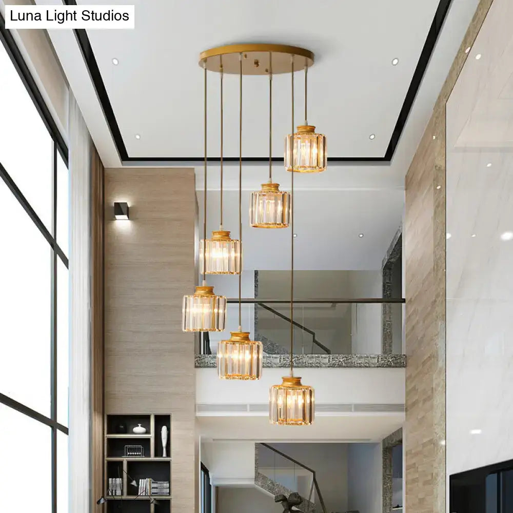 Gold-toned decorbites modern prismatic crystal cylindrical pendant ceiling light with glass shades for stairway lighting