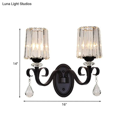 Modern black wrought iron wall mount lamp with dual crystal frames and dangling teardrop crystals for living room