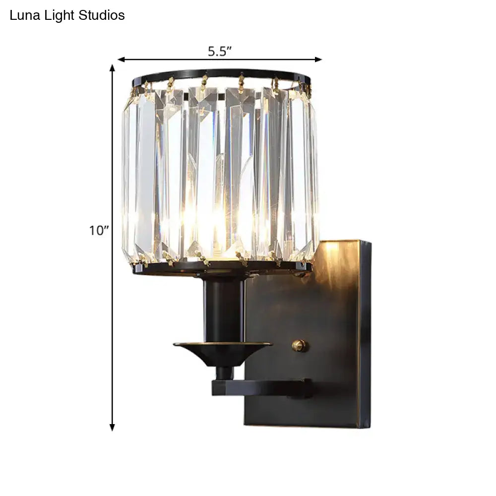 Modern black metal wall sconce with cylindrical clear faceted crystal prisms e12 light type bulb base