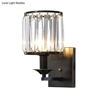 Elegant modern black metal wall sconce with prismatic crystal chandelier and gold-toned accents compatible with e12 light type