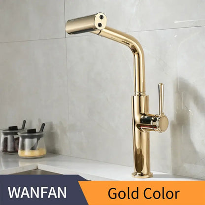Gold-colored sleek modern kitchen faucet with high-arc spout and single lever handle for decorbites black pull use