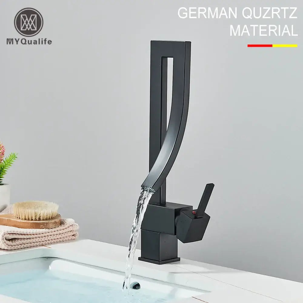 Modern black quartz waterfall basin faucet with sleek curved design single handle mixer tap for bathroom use