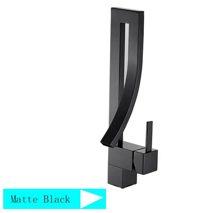 Matte black modern black quartz basin faucet with single handle mixer tap and sleek angular curved spout design