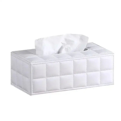 Modern white quilted tissue box holder with diamond-stitched pattern for office and home use
