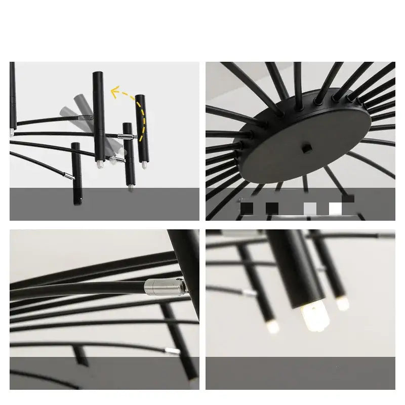 Modern black radial ceiling pendant lamp with sleek cylindrical arms and frosted glass bulbs for living room use