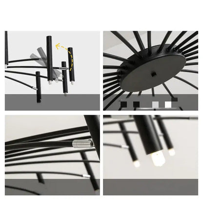 Modern black radial ceiling pendant lamp with sleek cylindrical arms and frosted glass bulbs for living room use
