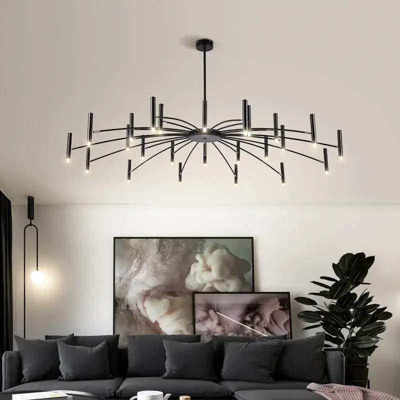 Modern black radial led ceiling pendant lamp with multiple slender arms and embedded lights for living room