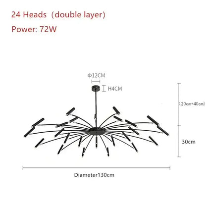 Modern black metal ceiling pendant lamp with 24 led light heads in a radial pattern for living room use