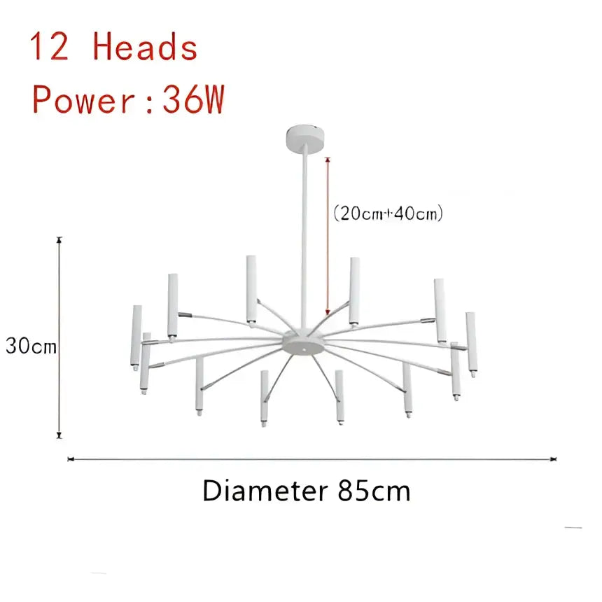 Modern black radial ceiling pendant lamp with white chandelier design and 12 candle-style lights for living room