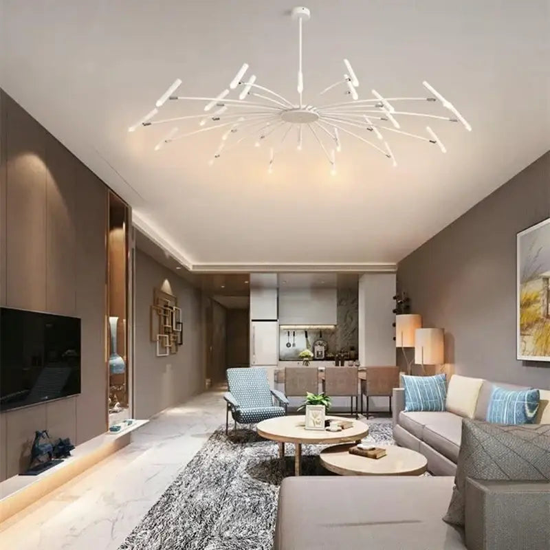 Modern white ceiling pendant lamp with slender radiating arms and embedded led lights for living room use