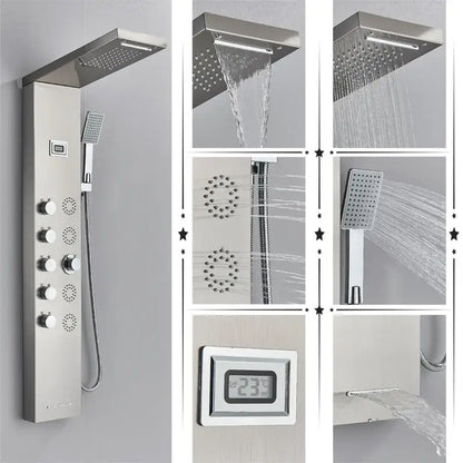 Modern black rainfall shower panel with stainless steel rain shower system and digital temperature display decorbites black rainfall