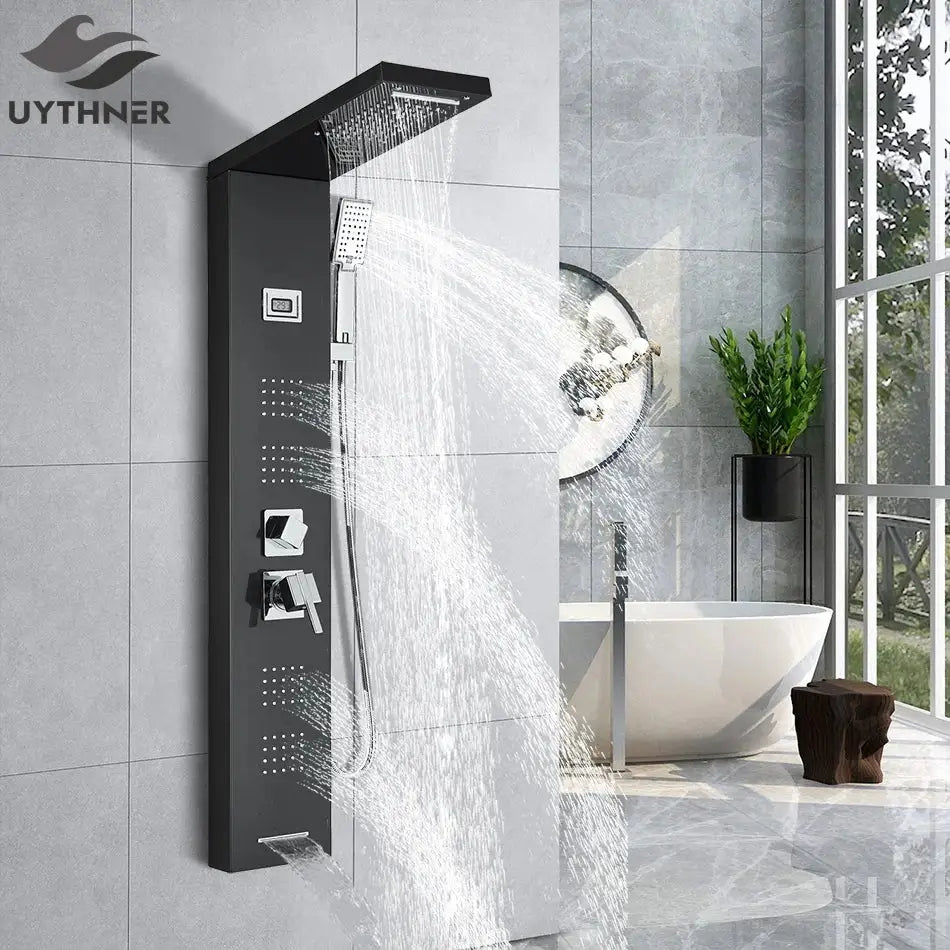 Modern black rainfall shower panel by decorbites with wall-mounted rainhead and multiple spray settings for bathroom use
