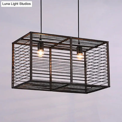 DecorBites™ modern black rectangle cage pendant light with two exposed bulbs and bamboo suspension for restaurants