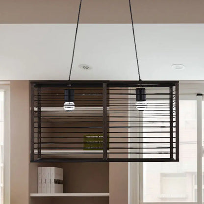 Decorbites™ modern black rectangle cage island pendant light with horizontal slats and two exposed bulbs for restaurants