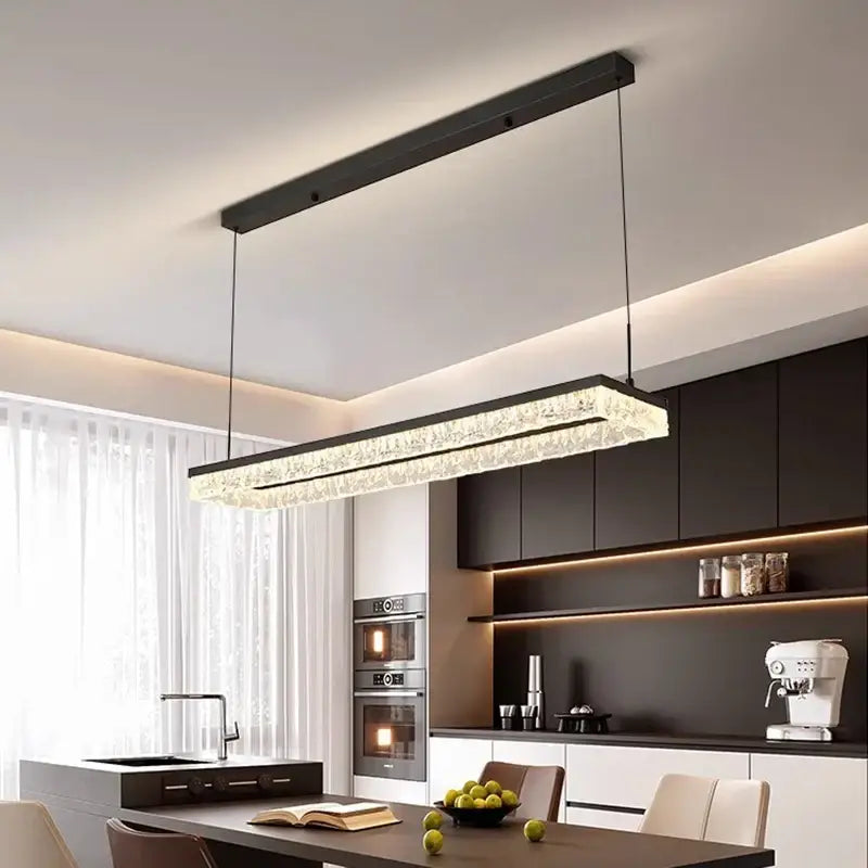 Modern black rectangular pendant light with sparkling crystal center and sleek metal frame selected version light color