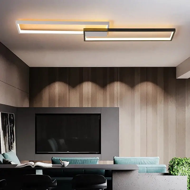 Modern black rectangular led ceiling light fixture with two horizontal bars emitting warm glow for living room decorbites led ceiling