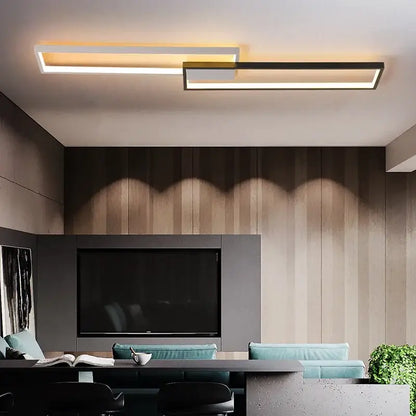 Modern black rectangular led ceiling light fixture with two horizontal bars emitting warm glow for living room decorbites led ceiling