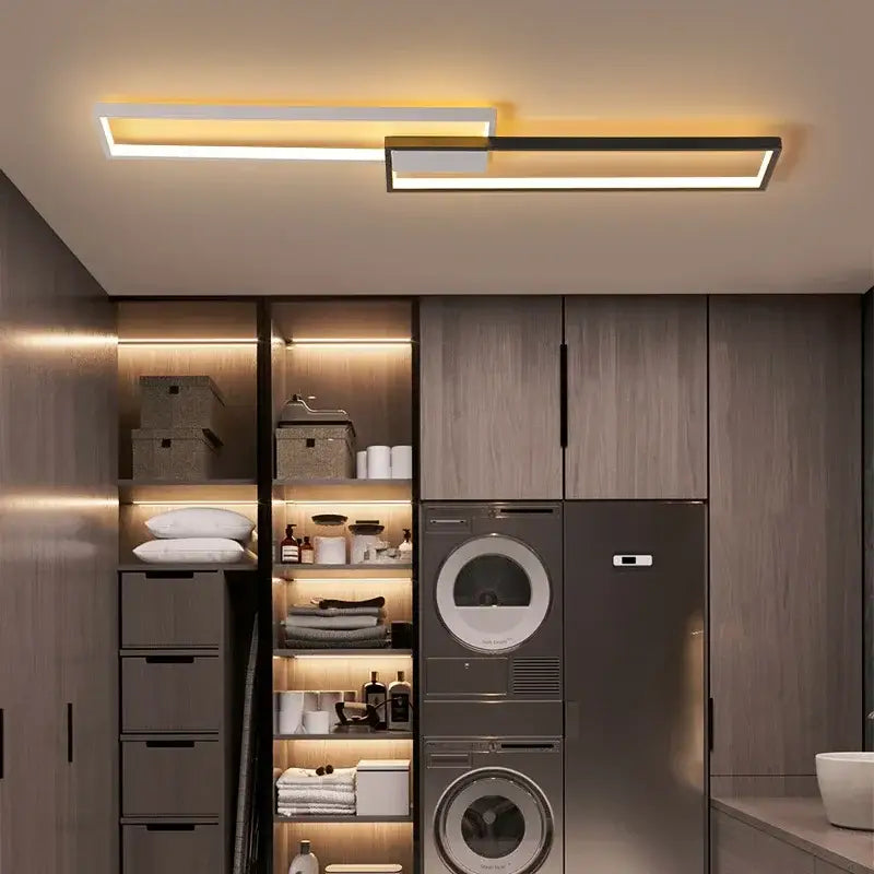 Modern black rectangular led ceiling light with two horizontal bars emitting warm yellow glow for living room decorbites ceiling light