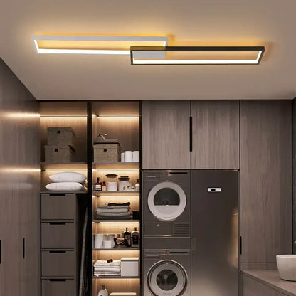 Modern black rectangular led ceiling light with two horizontal bars emitting warm yellow glow for living room decorbites ceiling light