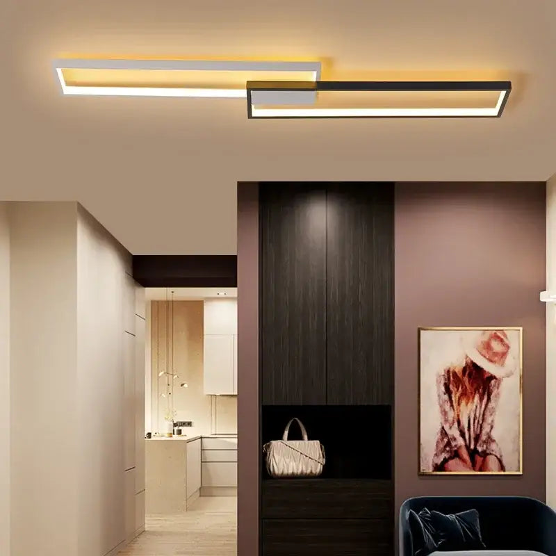 Modern black rectangular led ceiling light with intersecting warm and cool white led strips for living room decorbites light