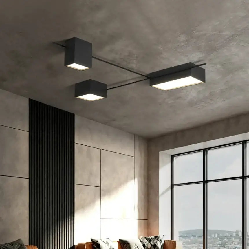Modern black rectangular led ceiling light with three illuminated square panels for living room decoration