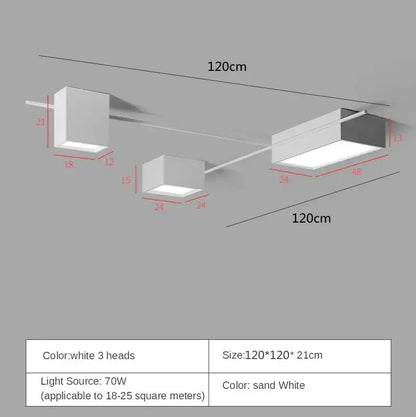 Modern white rectangular led ceiling light fixture with three illuminated heads for living room ceiling lights decoration