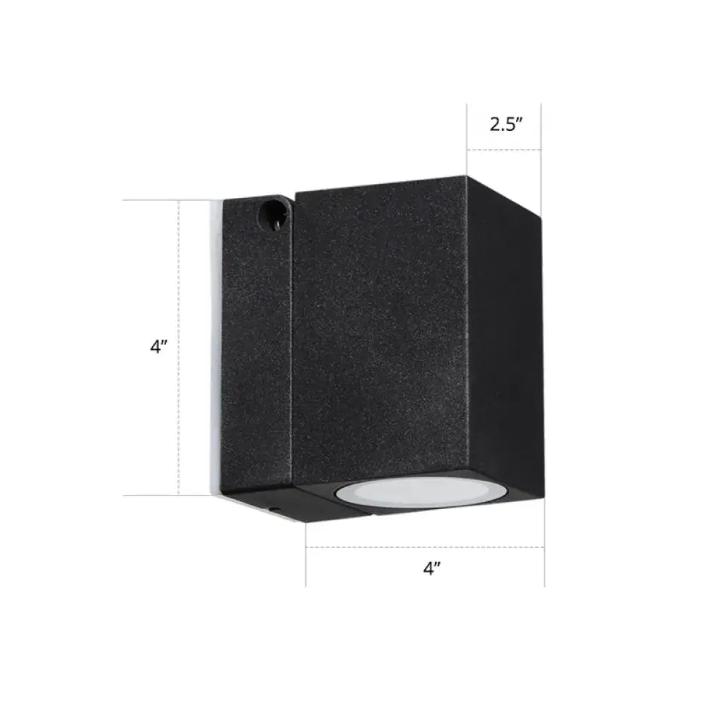 Modern black rectangular mini led wall sconce with textured finish and circular white led lens for outdoor use maximum bulb wattage
