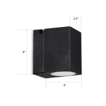 Modern black rectangular mini led wall sconce with textured finish and circular white led lens for outdoor use maximum bulb wattage