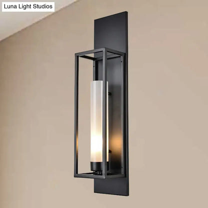 Modern black rectangular wall lamp with metal frame and frosted glass shade for stylish living room lighting