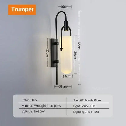Modern black wrought iron wall lamp with red glass shade led trumpet shape for bedroom shade led wall lighting