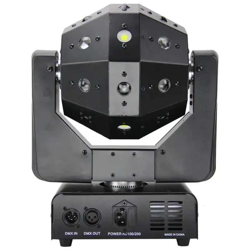Black geometric moving head spotlight with multiple circular emitters and dmx ports for rgbw laser football light use