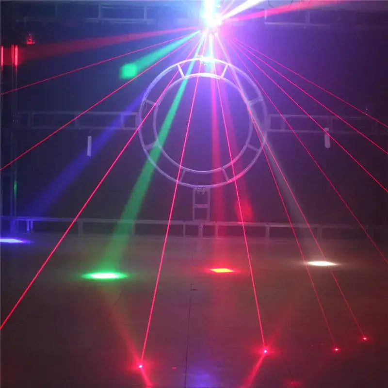 Modern black rgbw laser football light with circular metallic moving head emits vibrant red green and blue beams on stage