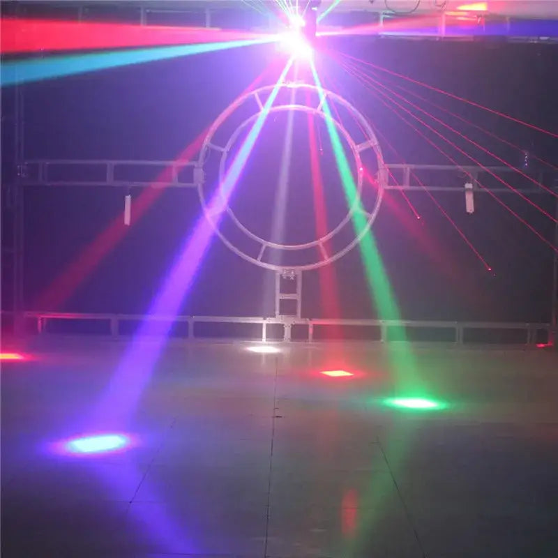 Modern black rgbw laser football light with moving head featuring circular metal truss and red blue green beams