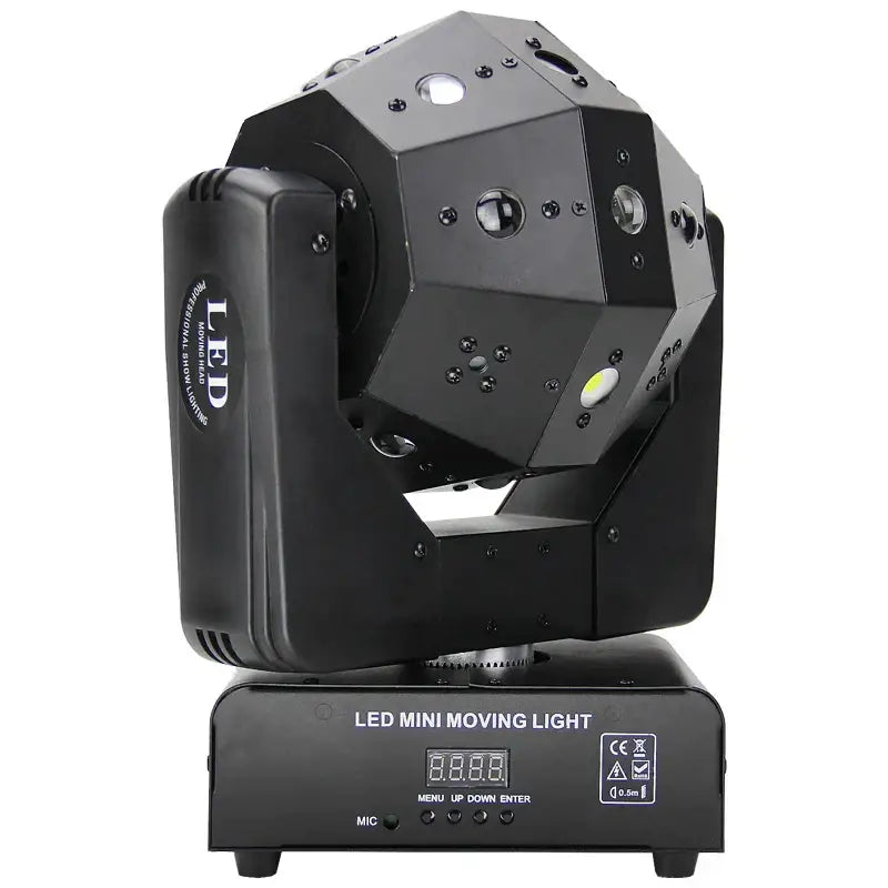 Black led mini moving head with geometric faceted design and multiple lens ports for modern rgbw laser football light use