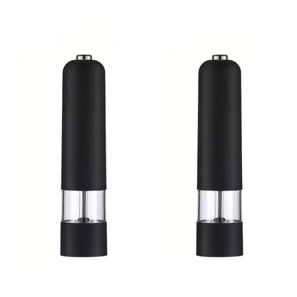Modern black ribbed automatic salt pepper grinder set with clear glass sections for efficient kitchen use